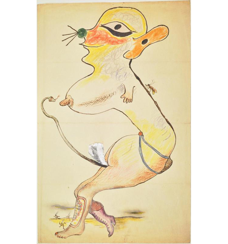 Joan Miró, Max Morise, Man Ray, Yves Tanguy, Cadavre exquis (1927; inchiostro, grafite, matita colorata e collage di un frammento di carta argentata su carta, 36 x 23 cm; Parigi, Centre Pompidou, Musée National d'art moderne) 