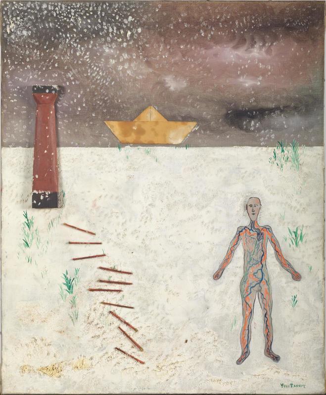 Yves Tanguy, Le phare (1926; olio su tela con collage di fiammiferi, legno e barchetta di carta, 61 x 50 cm; Parigi, Centre Pompidou, Musée National d'art moderne) 