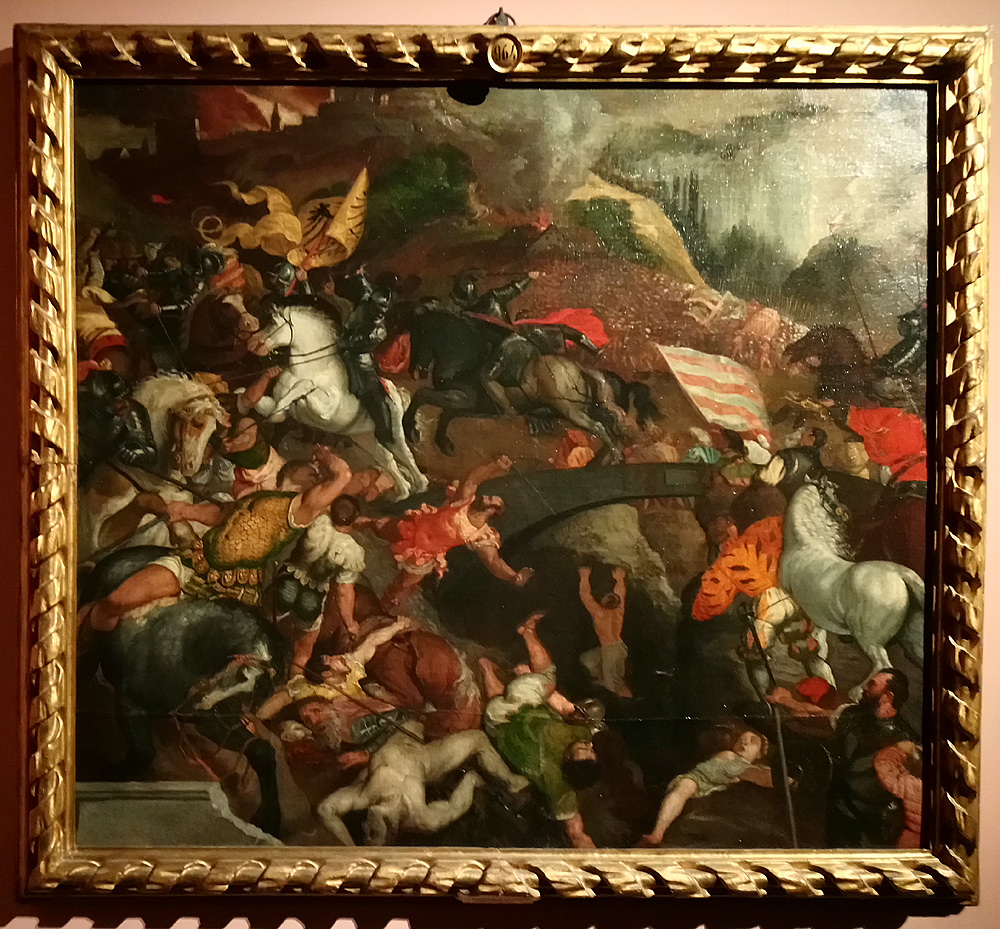 Pittore veneto della seconda metà del XVI secolo (Leonardo Corona?), La battaglia di Cadore, da Tiziano (prima del 1577; olio su tela, 121 x 134 cm; Firenze, Uffizi)

