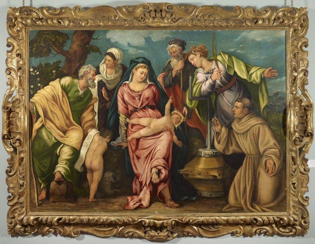 Tintoretto, Madonna col Bambino tra i santi Giacomo, Elisabetta, Giovannino, Zaccaria, Caterina d'Alessandria e Francesco (1540; olio su tela, 171,5 x 244 cm; Collezione privata)
