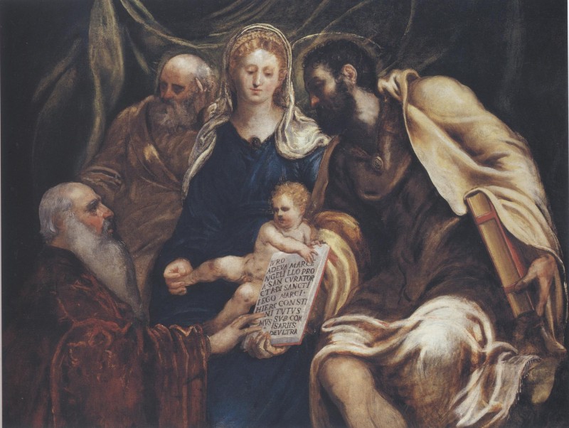 Tintoretto, Sacra Famiglia con il procuratore Girolamo Marcello che giura nelle mani di san Marco (1545 circa; olio su tela, 148 x 193 cm; Collezione privata)
