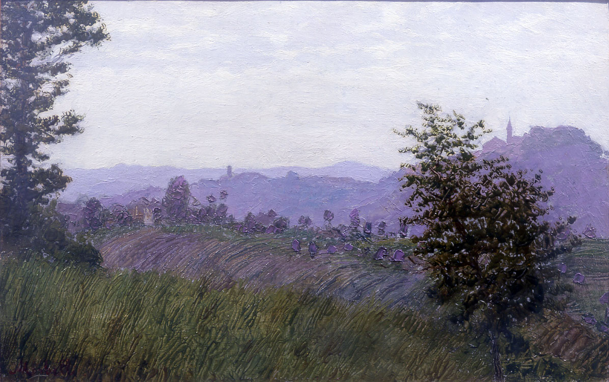 Angelo Morbelli, Colline del Monferrato (olio su tela, 23 x 37 cm; Collezione privata, courtesy Quadreria dell’800, Milano)