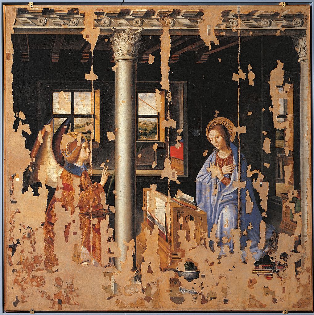 Antonello da Messina, Annunciazione (1474; olio su tavola trasportata su tela, 180 x 180 cm; Siracusa, Palazzo Bellomo)

