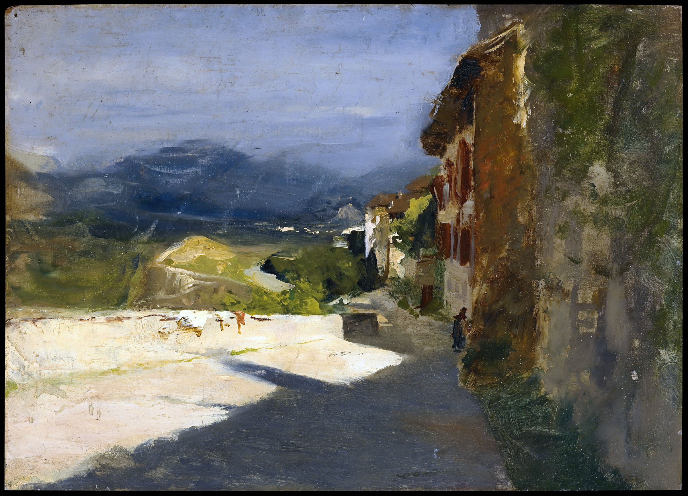Cesare Tallone, Strada illuminata (olio su tavola, 25 x 35 cm; Collezione privata, courtesy Quadreria dell’800, Milano)