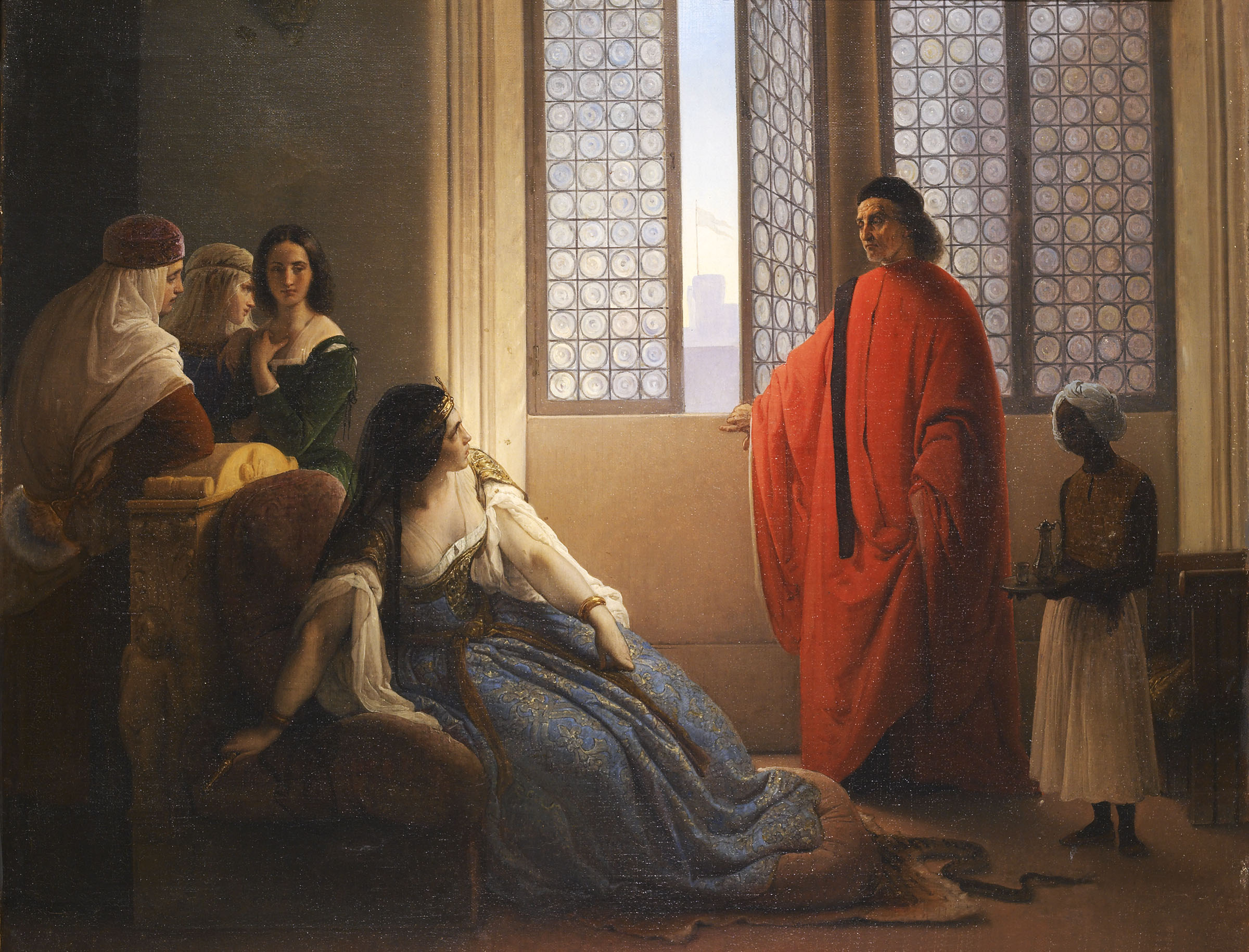 Francesco Hayez, Lo zio di Caterina Cornaro, inviato dalla Repubblica veneta, le mostra la bandiera di San Marco, già signore del Regno di Cipro (1857 circa; olio su tela, 65 x 80 cm; Collezione privata)