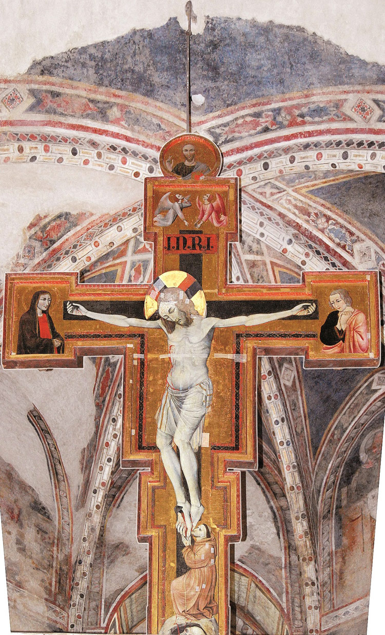 Maestro della Croce di Trevi, Crocifisso di San Francesco (1320-1325 circa; tempera e oro su tavola, 353 x 229,5 cm; Trevi, Raccolta d’Arte di San Francesco)