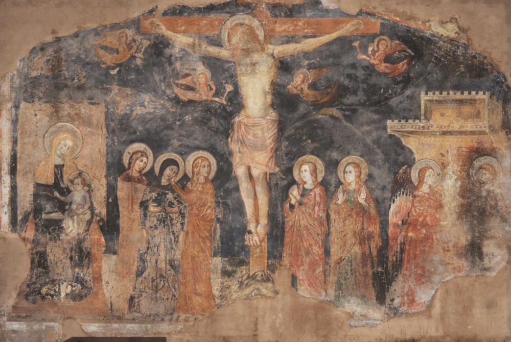 Maestro di Fossa, Crocifissione (1330-1333 circa; affresco staccato, 350 x 475 cm; Trevi, Raccolta d’Arte di San Francesco)