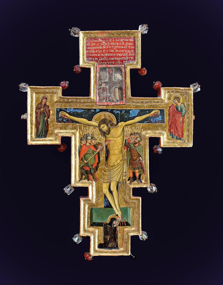 Maestro di Sant'Alò, Croce astile opistografa-stauroteca, verso (1300-1310 circa; tempera e oro su tavola, 45 x 28,3 cm; Spoleto, Museo Nazionale del Ducato di Spoleto) 