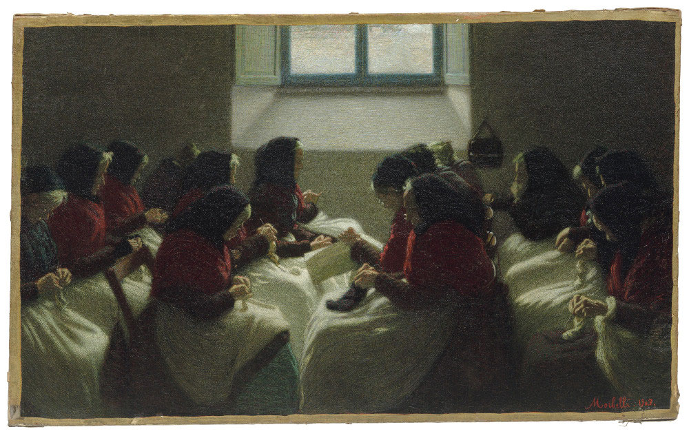 Angelo Morbelli, Vecchie calzette (1903; olio su tela, 61,6 x 99,7 cm; Lugano, Collezione Cornèr Banca) 