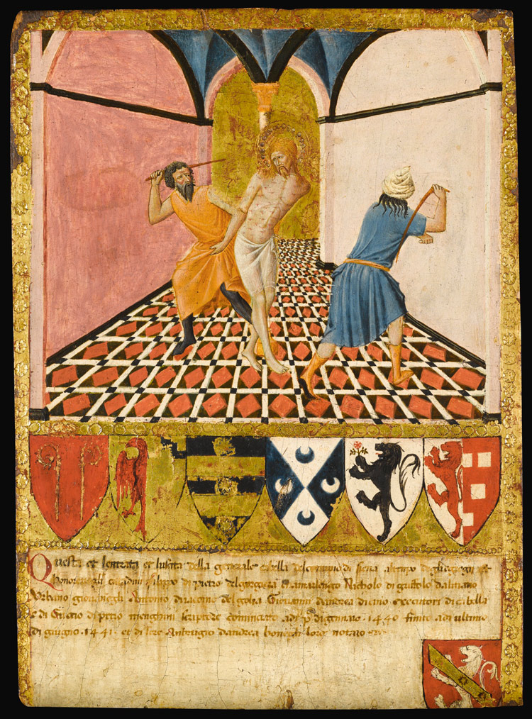 Maestro dell'Osservanza, Flagellazione (1441; tempera e oro su tavola, 45 x 30,5 cm; Collezione privata) 
