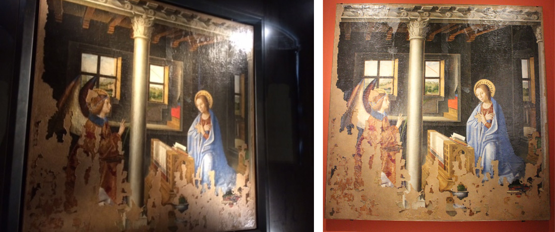 A sinistra, l'Annunciazione esposta (dentro la sua teca) a Palazzo Bellomo. A destra, l'opera esposta alla mostra di Palermo 
