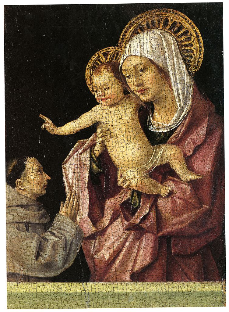 Antonello da Messina, Madonna col bambino benedicente e un francescano in adorazione, recto (1463; tempera grassa su tavola, 16 x 11,9 cm; Messina, Museo Regionale) 