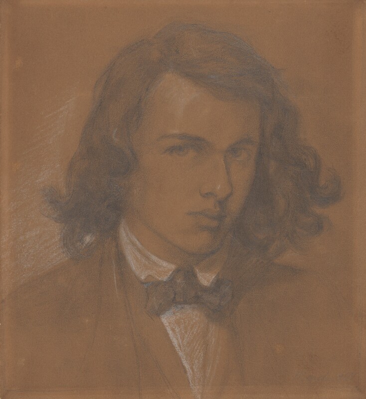 Dante Gabriel Rossetti, Autoritratto (1847; matita e gessetto bianco su carta, 207 x 168 mm; Londra, National Portait Gallery) 