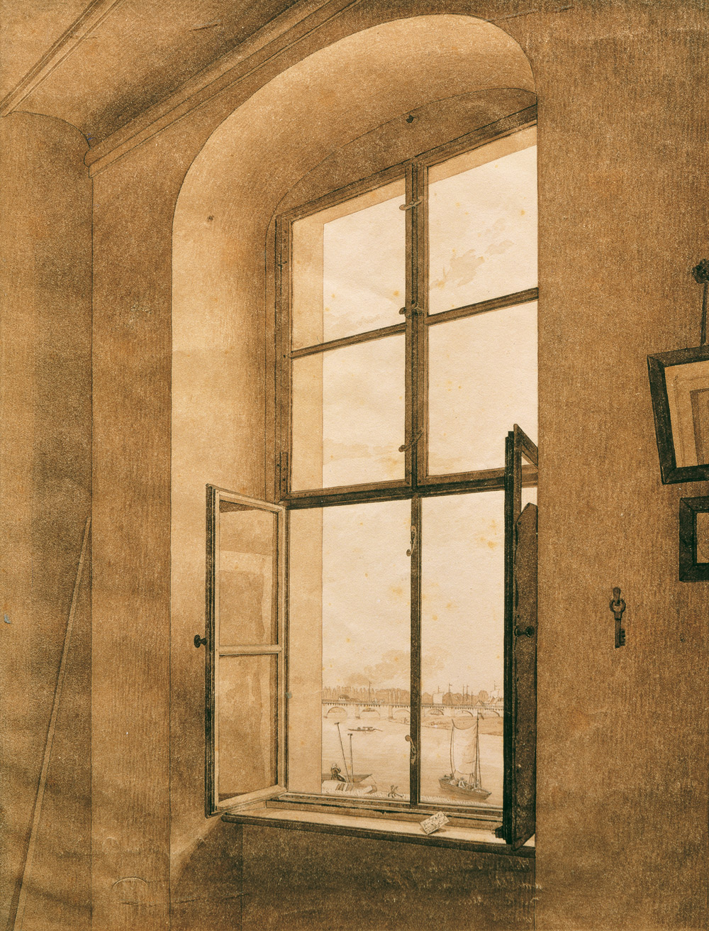Caspar David Friedrich, Vista dallo studio dell’artista, finestra di sinistra (1805-1806; grafite e seppia su carta, 314 × 235 mm; Vienna, Belvedere) 