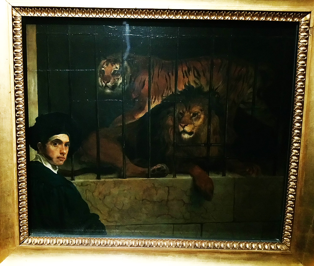 Francesco Hayez, Autoritratto con leone e una tigre in gabbia (1831; olio su tavola, 43 x 51 cm; Milano, Museo Poldi Pezzoli) 