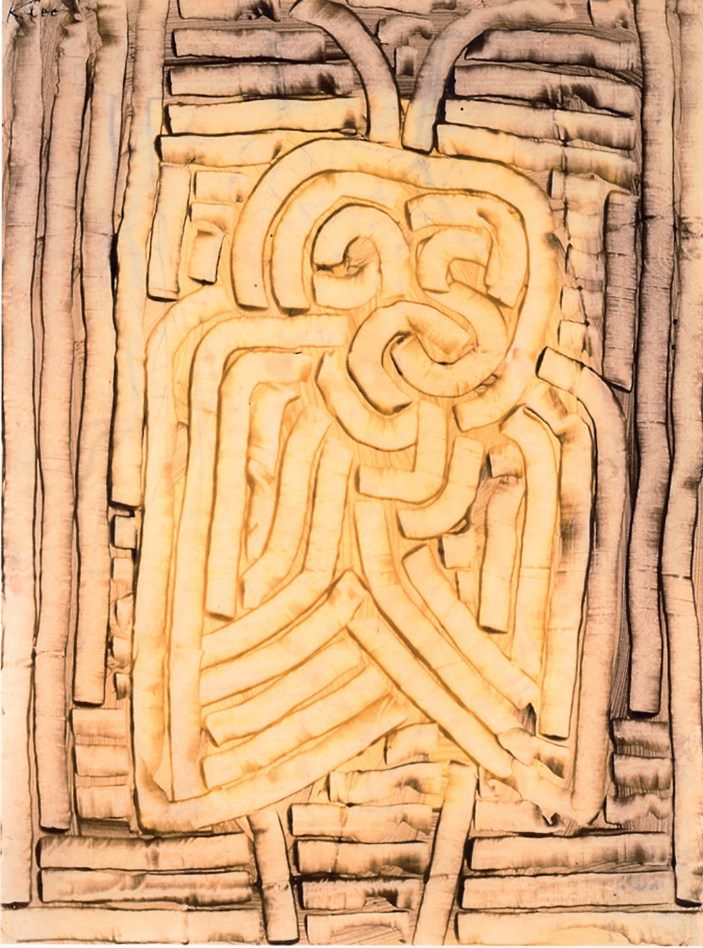 Paul Klee, Maske Motte, Maschera falena (1933; colore a colla su carta, sul retro disegno a matita con colore a colla, 42,6 × 32 cm; Ulm, Museum Ulm - Geschenk der Freunde  des Ulmer Museums)

