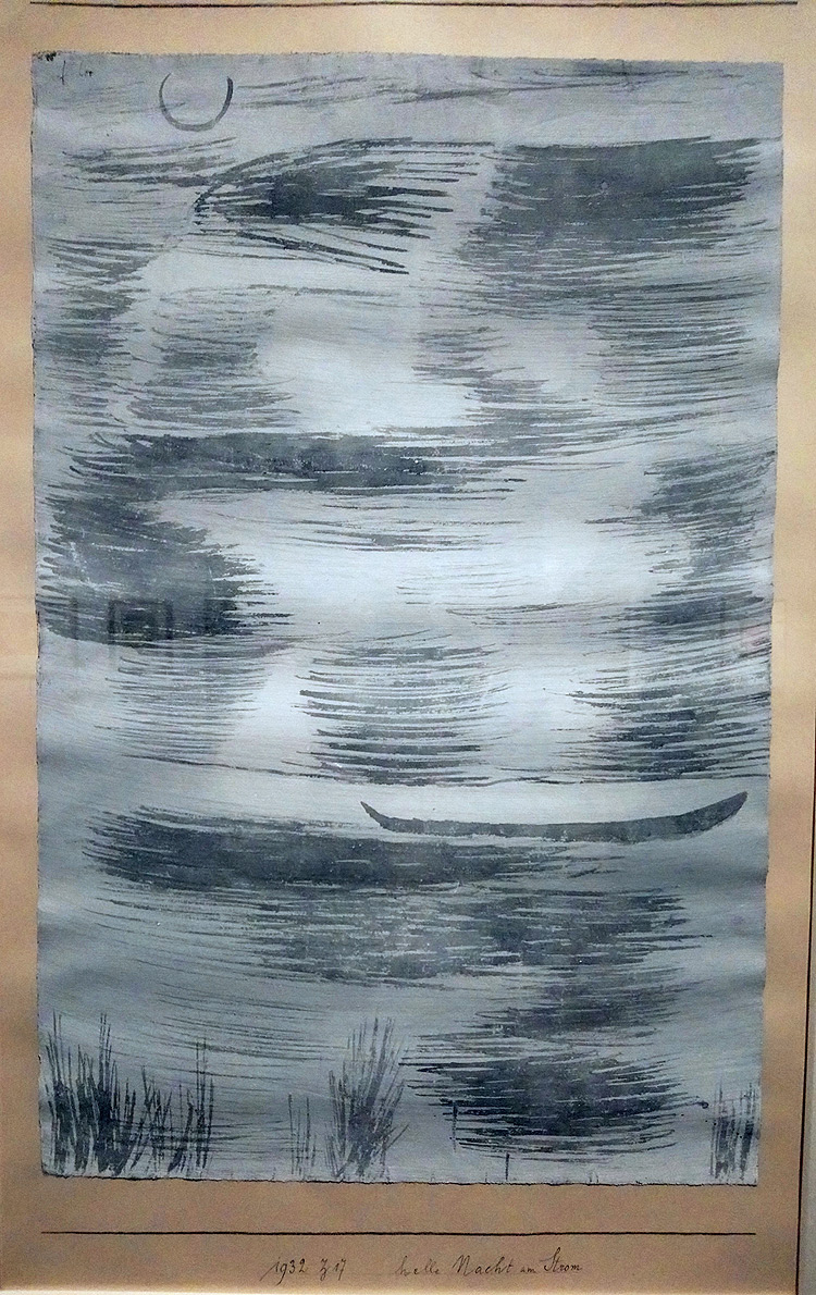 Paul Klee, Helle Nacht am Strom, Notte luminosa presso il fiume (1932; gouache e acquerello su carta su cartoncino, 58,1 × 38,2 cm; Essen, Museum Folkwang)
