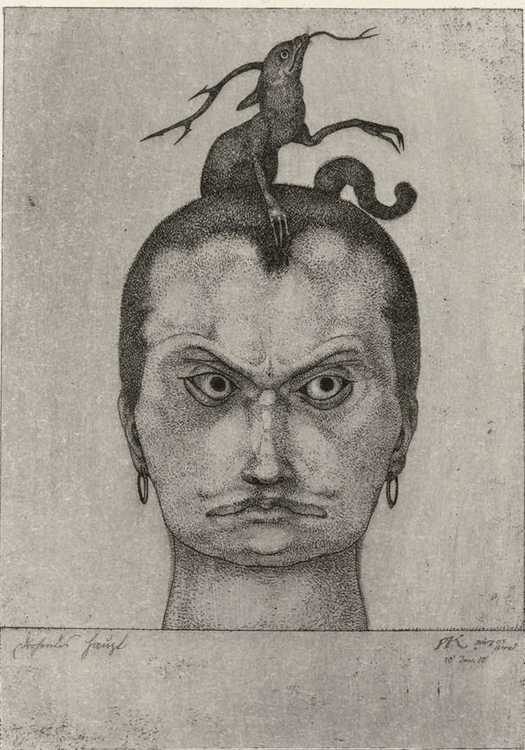 Paul Klee, Drohendes Haupt, Testa minacciosa (1905; acquaforte e acquatinta su zinco su carta velina rigida, 19,5 × 14,3 cm; Berna, Zentrum Paul Klee)
