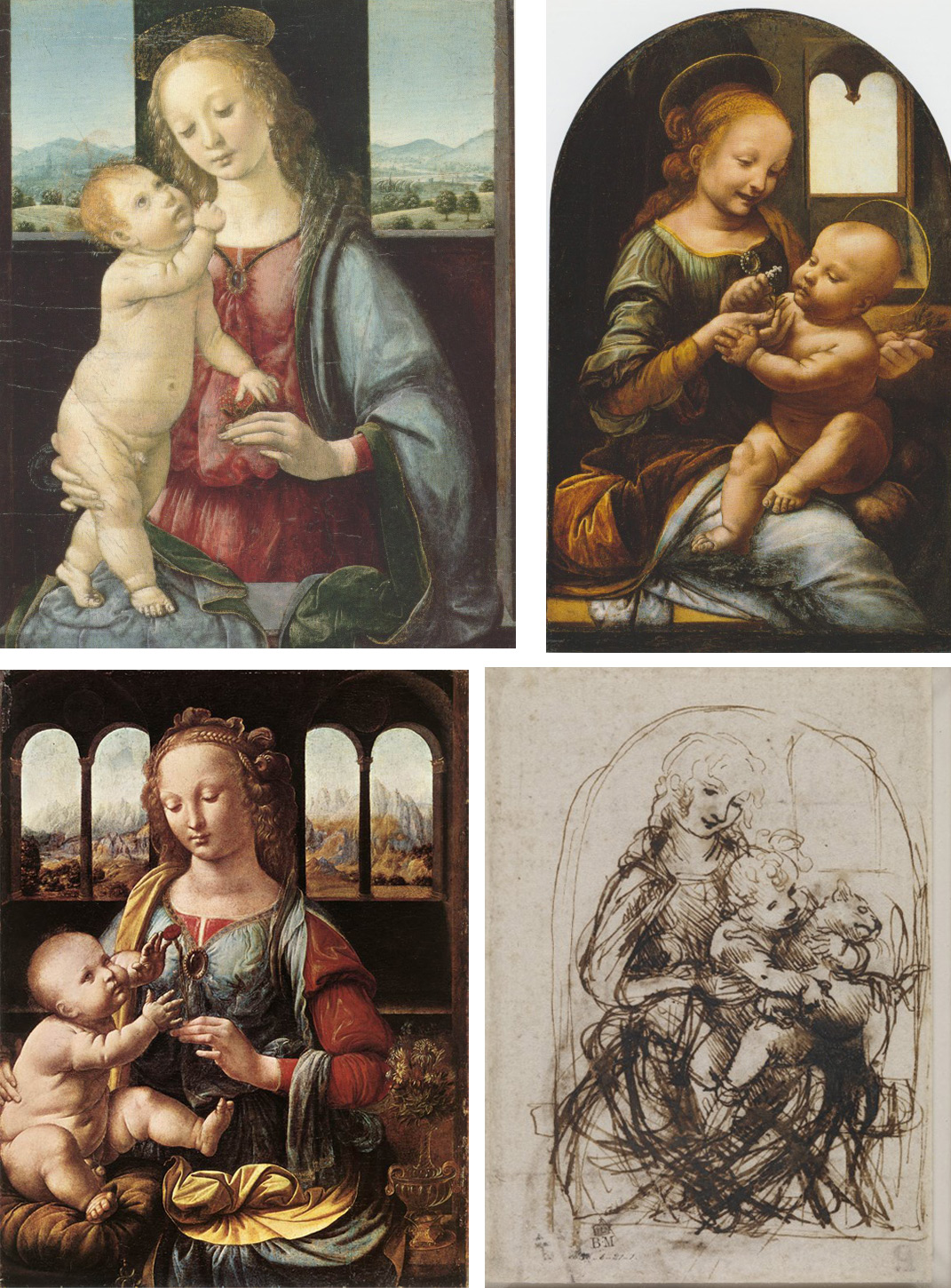 In senso orario da sinistra: Leonardo, Madonna Dreyfus (Washington, National Gallery), Madonna Benois (San Pietroburgo, Hermitage), Madonna con bambino e gatto (disegno a penna, British Museum), Madonna del garofano (Monaco di Baviera, Alte Pinakothek)
