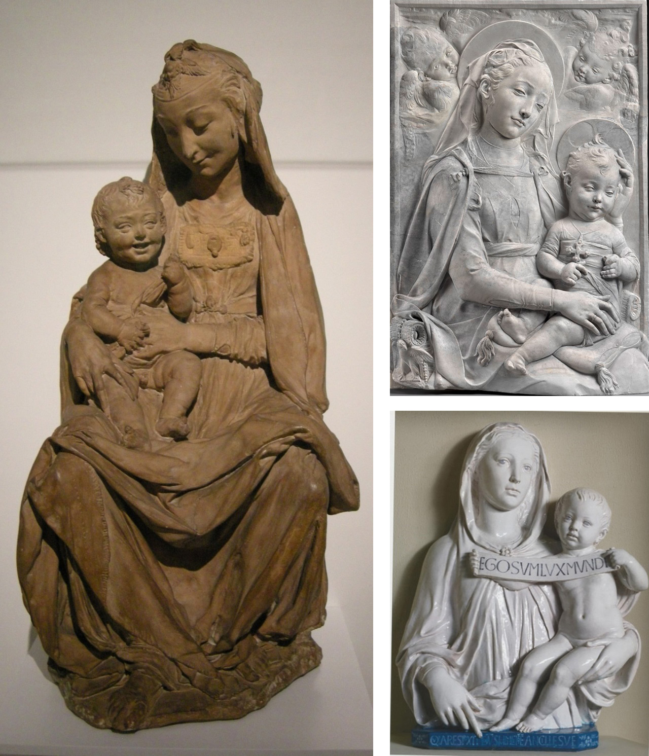 Da sinistra, in senso orario: la Madonna del Victoria and Albert Museum; Antonio Rossellino, Madonna col Bambino (Berlino, Staatliche Museen); Luca della Robbia, Madonna col Bambino (Firenze, Galleria dello Spedale degli Innocenti)
