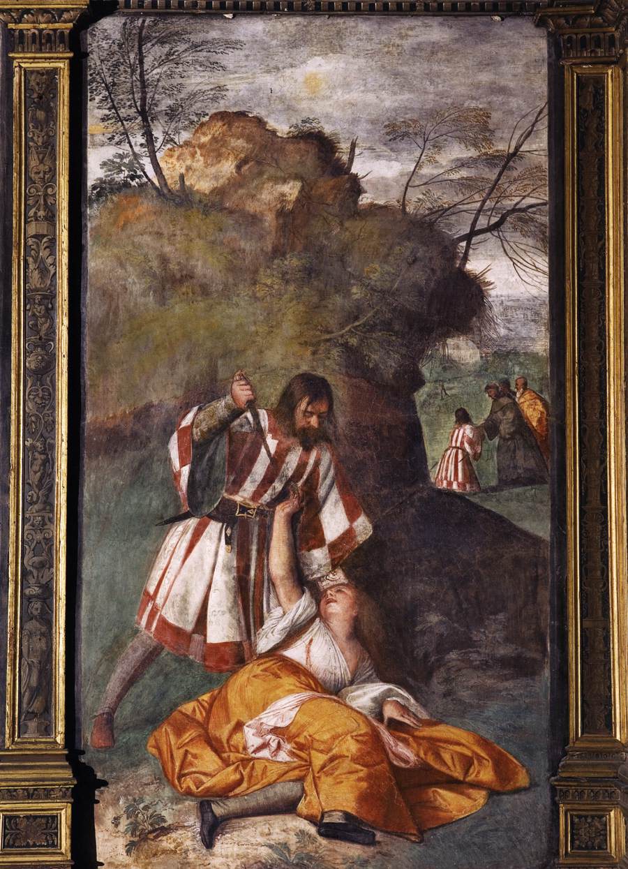 Tiziano, Miracolo del marito geloso (1511; affresco, 340 x 207 cm; Padova, Scuola del Santo) 