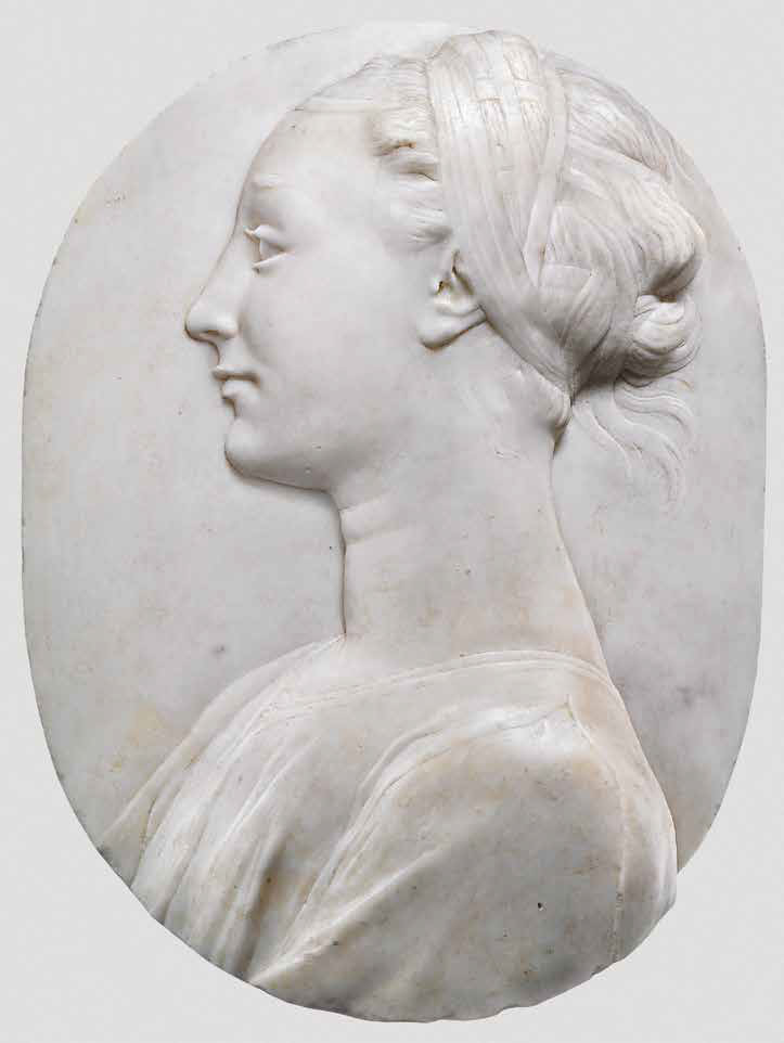 Desiderio da Settignano, Giovane gentildonna (1455-1460 circa; marmo, 39,5 x 29,8 x 9,7 cm; Inghilterra, Collezione privata) 