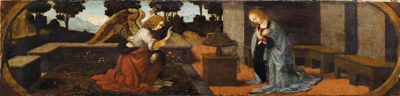 Lorenzo di Credi, Annunciazione (1476 circa; olio su tavola, 16,2 x 60,7 cm; Parigi, Musée du Louvre, Département des Peintures, inv. M.I. 59) 