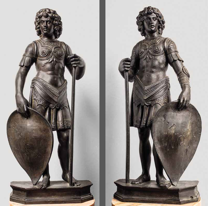 Allievo fiorentino di Andrea del Verrocchio attivo a Roma (Michele Marini da Fiesole?), Due scudieri (1485-1495 circa; bronzo, 46,5 x 19,5 x 8 cm lo Scudiero di sinistra, 46 x 19,5 x 8 cm lo Scudiero di destra; Roma, Musei Capitolini, Palazzo dei Conservatori, Appartamento dei Conservatori, Sala dei Trionfi o dello Spinario, invv. S1168 e S1172) 