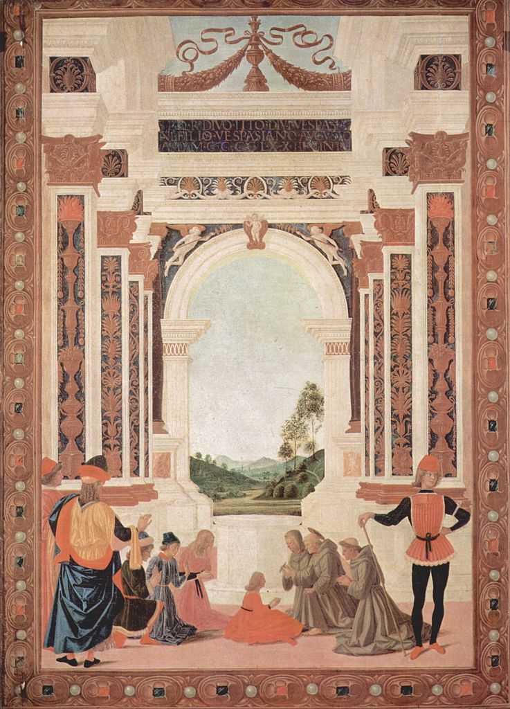 Pietro Perugino, San Bernardino risana da un'ulcera la figlia di Giovannantonio Petrazio da Rieti (1473; tempera su tavola, 79,1 x 56,9 cm; Perugia, Galleria Nazionale dell’Umbria, inv. 2) 