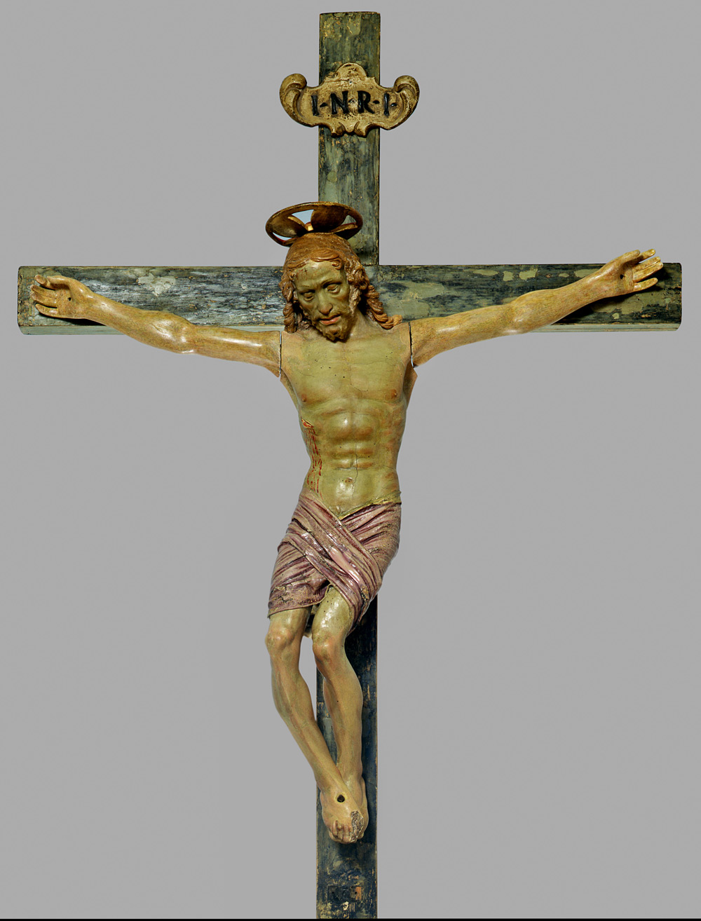 Andrea del Verrocchio e collaboratori, Crocifisso (1475 circa; legno intagliato, sughero, gesso e lino dipinti su croce non originale, braccia rifatte, altezza Cristo 98 x 103 cm; Firenze, Museo Nazionale del Bargello, inv. Depositi 60, in deposito dalla Venerabile Confraternita di San Girolamo e di San Francesco Poverino) 