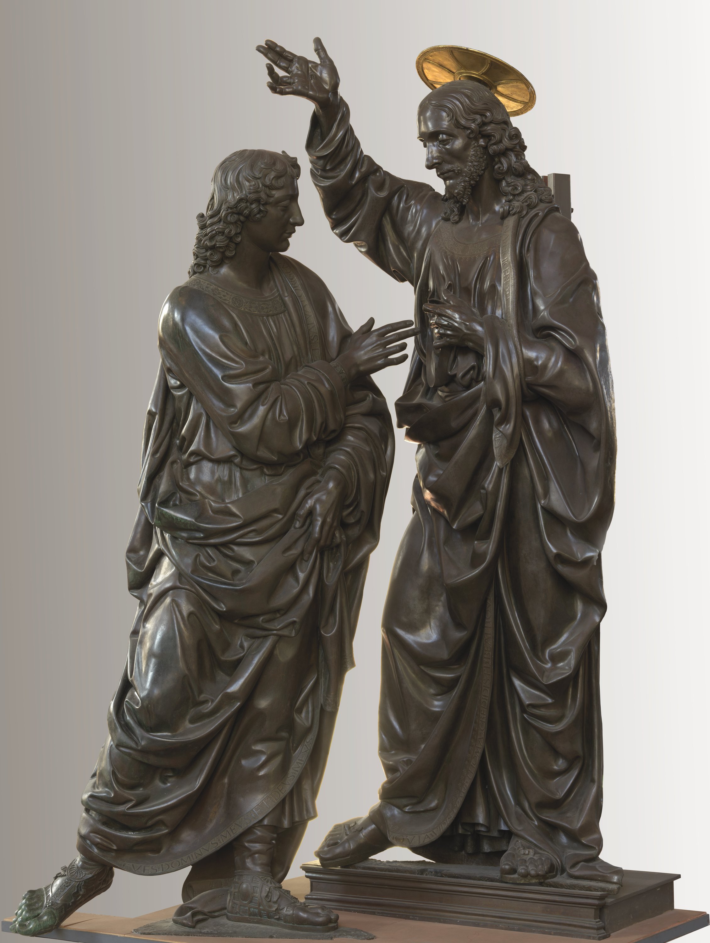 Andrea del Verrocchio, Incredulità di san Tommaso (1467-1483; bronzo con dorature, 241 x 140 x 105 cm; Firenze, Chiesa e Museo di Orsanmichele, dal tabernacolo dell’Università della Mercanzia) 