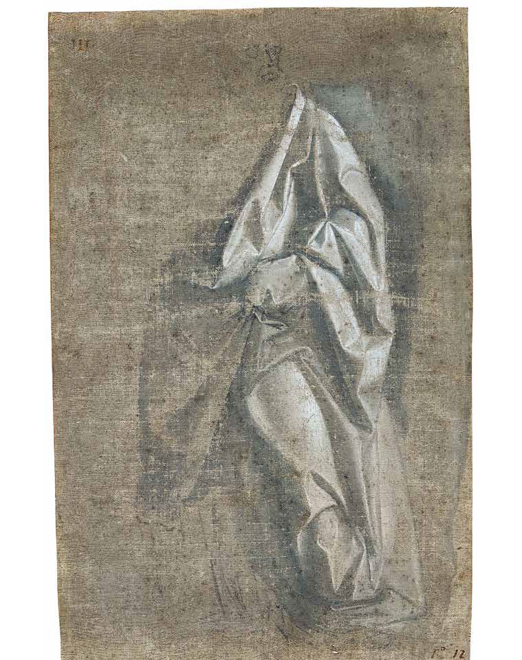 Andrea del Verrocchio, Panneggio di una figura barbuta in piedi, vista di tre quarti (1470-1475 circa; acquarellature grigio-brune, tempera grigia e biacca su tela di lino preparata in colore grigio-bruno, 315 x 203 cm; Rennes, Musée des Beaux-Arts de Rennes, inv. 794.1.2507) 