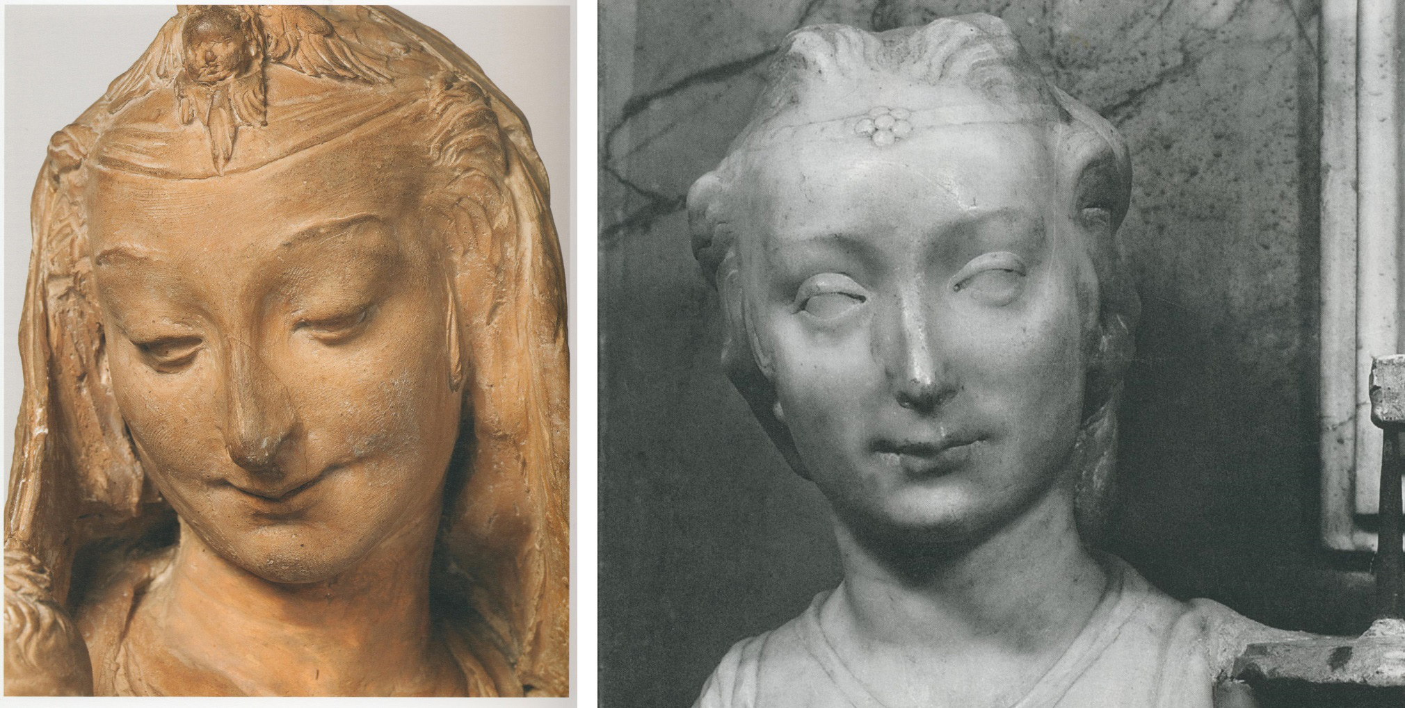 A sinistra: Leonardo?, Madonna col Bambino, part. (Londra, Victoria and Albert Museum). A destra: Desiderio da Settignano, Altare del Sacramento, part. (Firenze, San Lorenzo)
