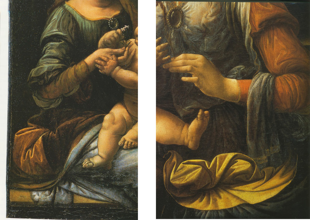 Leonardo, Particolari delle Madonne conservate a San Pietroburgo (Ermitage) e a Monaco (Alte Pinakothek) 