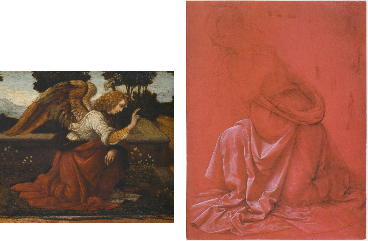 A sinistra: Leonardo e Lorenzo di Credi? Annunciazione, part. (Parigi, Louvre). A destra: Leonardo, Studio di drappeggio su figura inginocchiata (Roma, Gabinetto Nazionale delle Stampe, Fondo Corsini)
