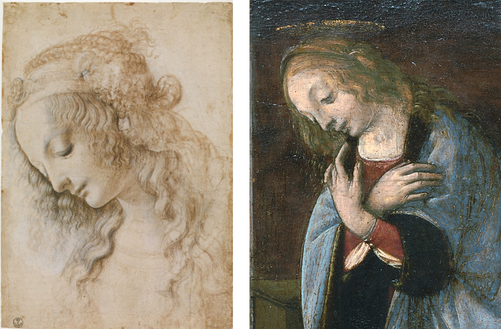 A sinistra: Leonardo, Studio di testa femminile (Firenze, Uffizi, Gabinetto Disegni e Stampe. A destra: Leonardo e Lorenzo di Credi?,  Annunciazione, part. (Parigi, Louvre)
