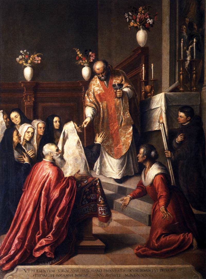 Palma il Giovane, Pasquale Cicogna assiste alla messa celebrata nell 'oratorio dei Crociferi da padre Priamo Balbi (1589-1590; olio su tela, 350 x 223 cm; Venezia, Oratorio dei Crociferi) 