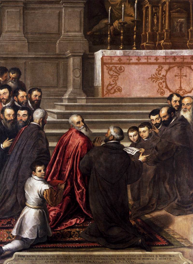 Palma il Giovane, Papa Paolo IV consegna un Breve all'ambasciatore veneziano (1589-1590; olio su tela, 350 x 223 cm; Venezia, Oratorio dei Crociferi) 