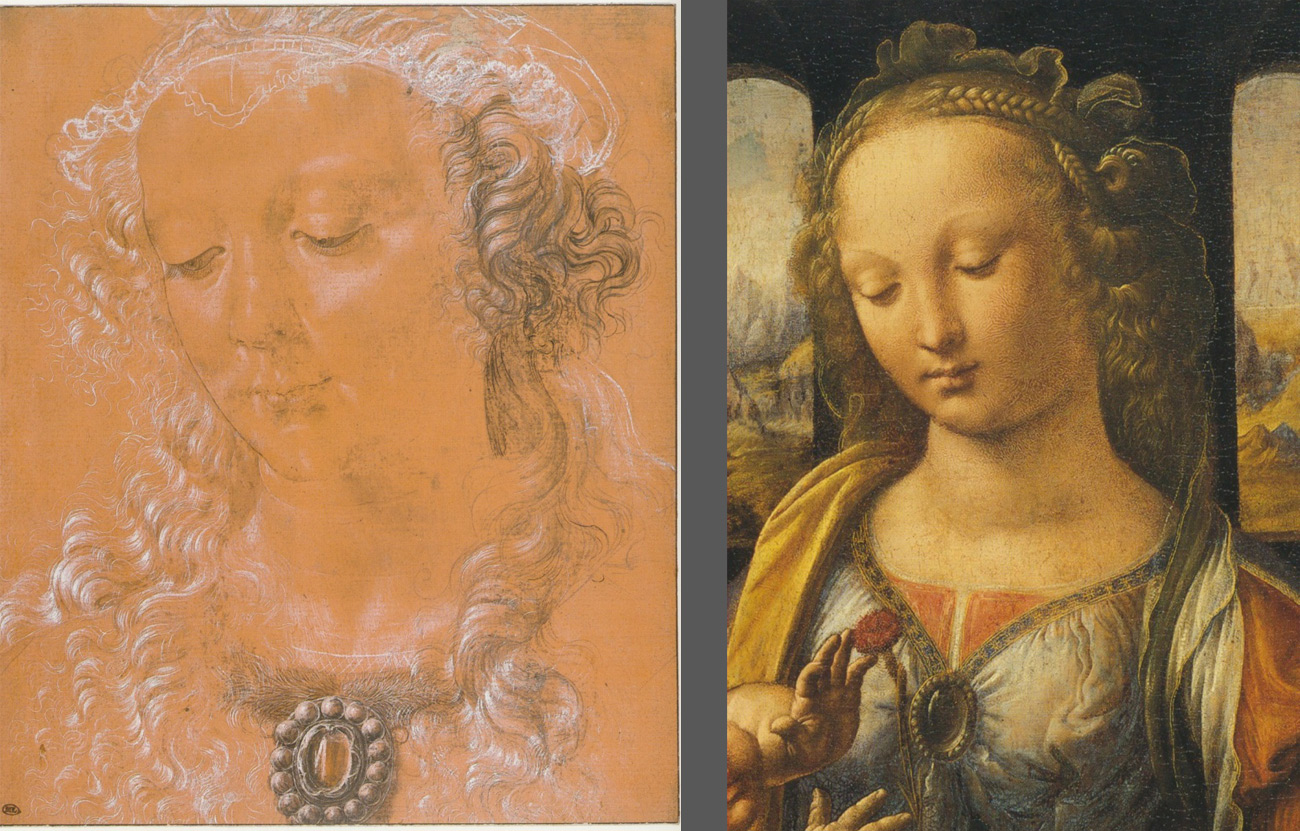 A sinistra: Attribuita al Verrocchio (Leonardo?), Testa femminile (Parigi, Louvre, Département des Arts Graphiques). A destra: Leonardo, Madonna col Bambino, parti colare (Monaco, Alte Pinakothek)
