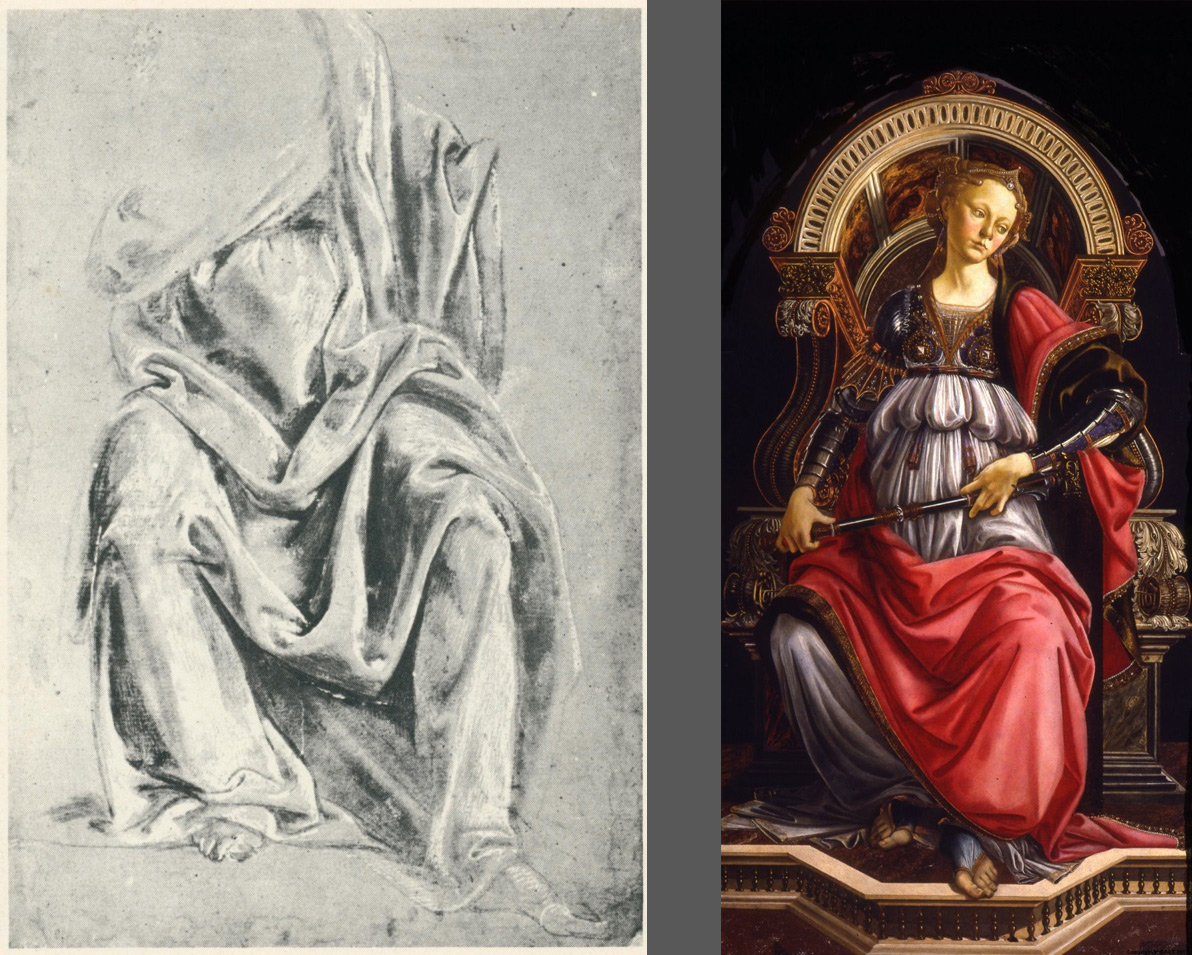 A sinistra: Verrocchio?, Studio di drappeggio su figura seduta (Virtù?) (Roma, Istituto Nazionale della Grafica). A destra: Sandro Botticelli, Fortezza (Firenze, Uffizi)
