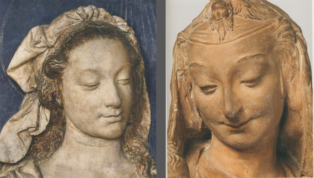 A sinistra: Verrocchio, Madonna col Bambino benedicente, particolare (Firenze, Museo del Bargello). A destra: Attribuita A Leonardo, Madonna col Bambino ridente, particolare (Londra, Victoria and Alberet Museum)
