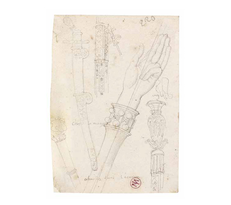 Jean-Auguste-Dominique Ingres, Oggetti per l’incoronazione (s.d.; grafite su carta, 12,1 x 8,8 cm; Montauban, Musée Ingres)
