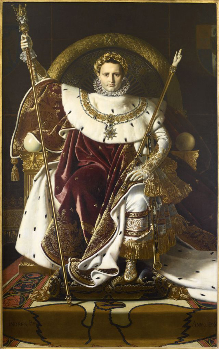 Jean-Auguste-Dominique Ingres, Napoleone I sul trono imperiale (1806; olio su tela, 263 x 163 cm; Parigi, Hôtel national des Invalides, Musée de l’Armée)
