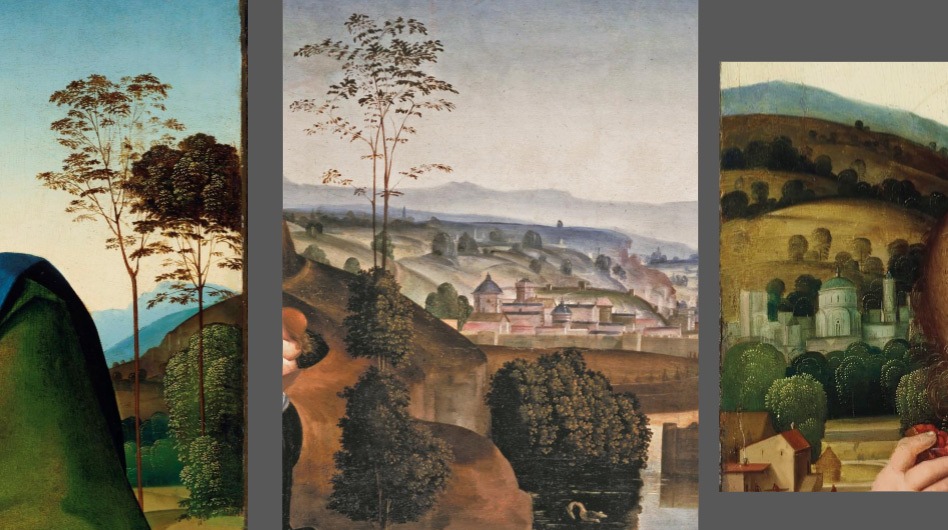 Confronto tra due brani di paesaggio della Madonna già Hammond (ai lati) e la Partenza di Teti e Achille per Sciro (al centro) 