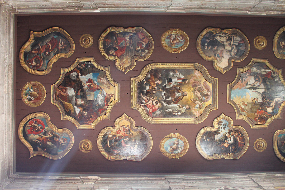 Carlo Rosa, Storie della vita di san Nicola (1665; Bitonto, chiesa di San Gaetano, soffitto, veduta di insieme) 