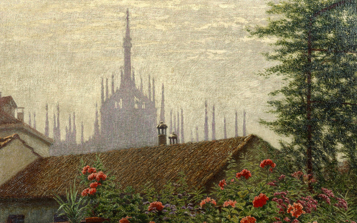 Angelo Morbelli, Le guglie del Duomo (1915-1917; olio su tela, 50 x 80 cm, Milano, Palazzo Morando – costume, moda, immagine)
