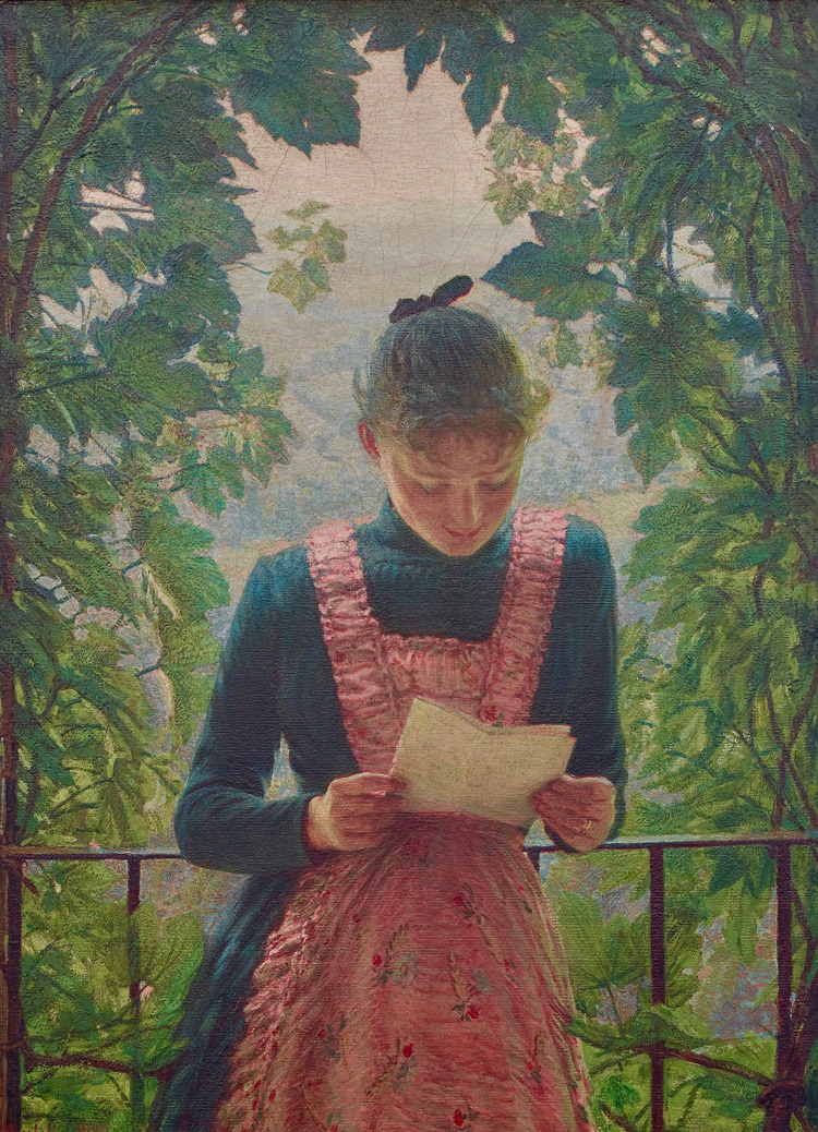 Angelo Morbelli, La prima lettera (1890-1891; olio su tela, 106,5 x 78,5 cm; Milano, collezione privata)
