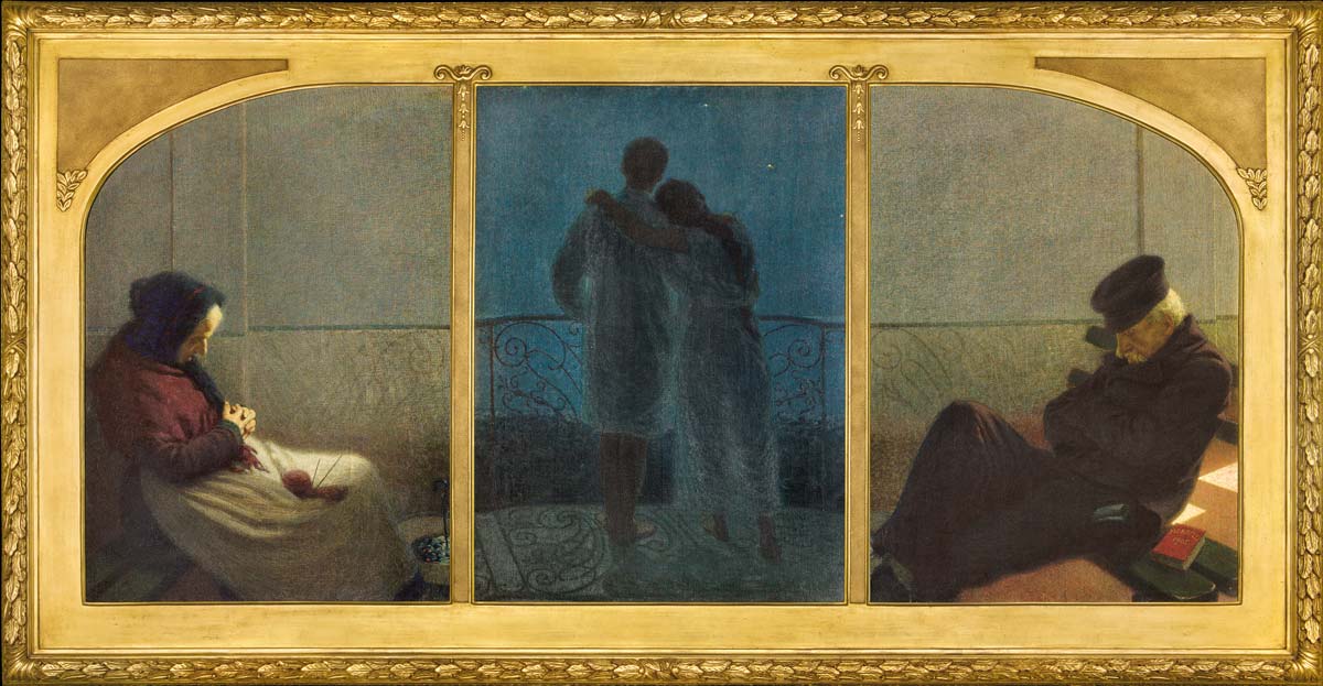 Angelo Morbelli, Sogno e realtà (Trittico della vita) (1905; olio su tela, tre pannelli, 112 x 80 cm, 112 x 79 cm, 112 x 80 cm; Milano, collezione Fondazione Cariplo)
