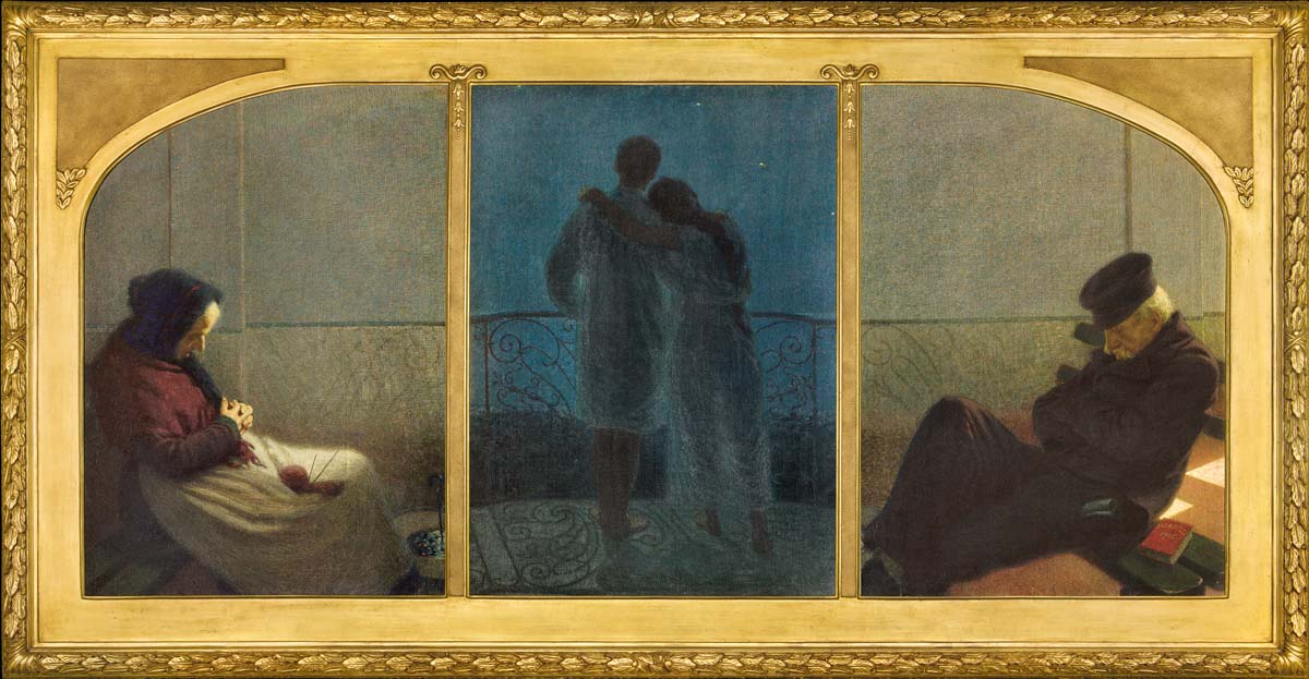 Angelo Morbelli, Sogno e realtà (Trittico della vita) (1905; olio su tela, tre pannelli, 112 x 80 cm, 112 x 79 cm, 112 x 80 cm; Milano, collezione Fondazione Cariplo) 