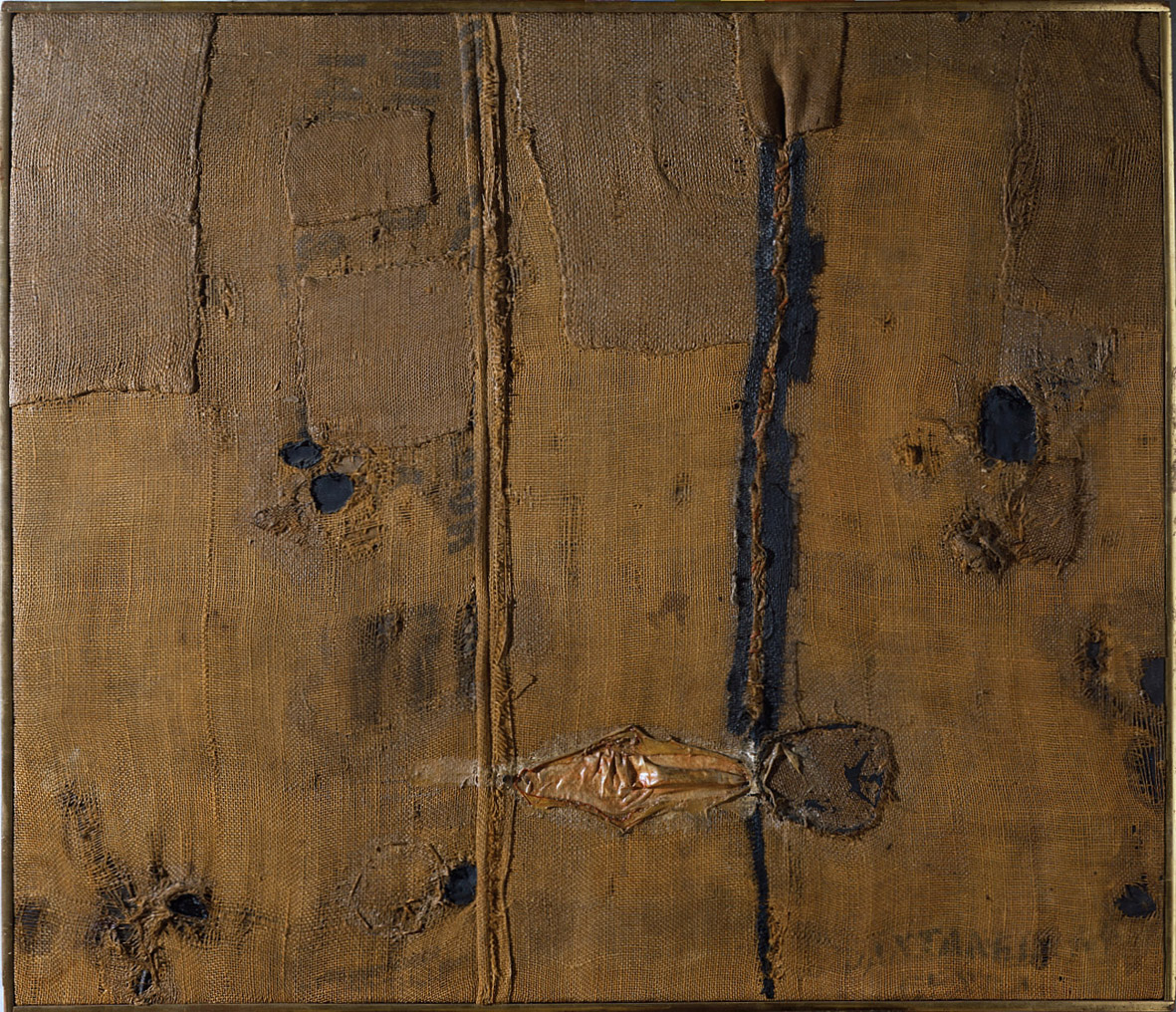 Alberto Burri, Abstraction with brown burlap (Sacco) (1953; olio, vernici, applicazioni in seta su iuta, 85,7 x 100 cm; Torino, GAM - Galleria Civica d'Arte Moderna e Contemporanea)
 